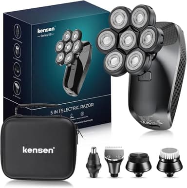 KENSEN Rasoio Elettrico Barba, Rasoio Testa Calva 7D, Tagliacapelli Uomo 5 in 1 Kit Impermeabile con 5 Testine Rotanti per Capelli Barba Naso Orecchie e Viso Pulito