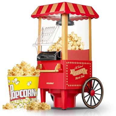 HOUSNAT Macchina Popcorn, Macchina per Pop Corn Retrò per la Casa Aggiornata, Aria Calda 1200W, Sana e Senza Calorie, Funzionamento Con un Pulsante e Facile da Pulire, Serata al Cinema e Natale