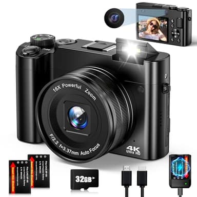 Fotocamera Digitale 4K Macchina Fotografica Digitale Autofocus 64MP Fotocamera Compatta Con Doppio Obiettivo, Zoom 16X, Anti-Shake, Scheda 32Gb, 2 Batterie Per Adolescenti, Principianti (Nero)