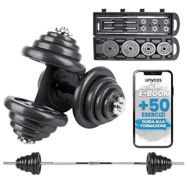 unycos - Set di Manubri Regolabili 2 in 1 con Esercizi E-Book, Dischi di Ferro Diversi Pesi【50 kg】Tubo di Collegamento per Uomini/Donne, Allenamento, Palestra a Casa, Fitness (Iron Transformer)