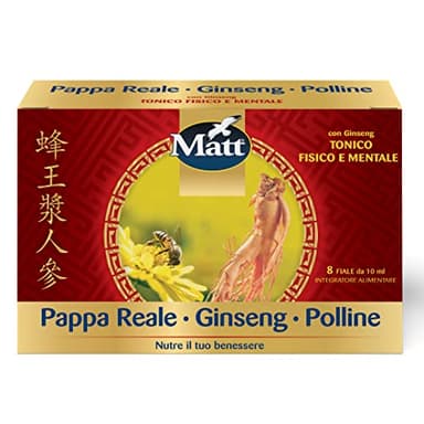 Matt, Pappa Reale Ginseng e Polline, Tonico Fisico e Mentale, Integratore Alimentare Senza Glutine Utile in Caso di Stanchezza Fisica e Mentale, Confezione con 8 Fiale da 10 ml