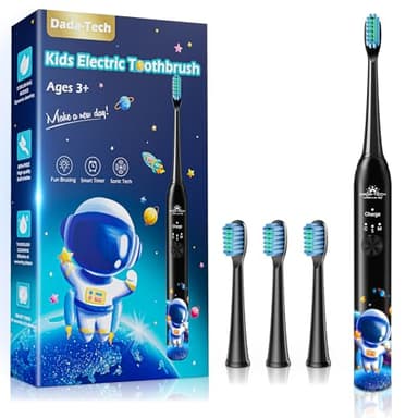 Spazzolino Elettrico Bambini 3-6-12-18 Anni Spazzolino Elettrico Bambina Bambino Bimbo Con Timer, Adesivi per Abitudini e 4 Testine Morbide (Astronauta Nero)