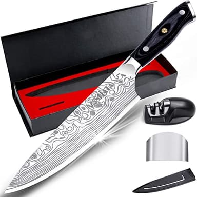 MOSFiATA Coltelli da Cucina Professionale Chef con Fodero, Protezione del Dito e Affilatore, in Acciaio Inossidabile con Manico Micarta - 20CM