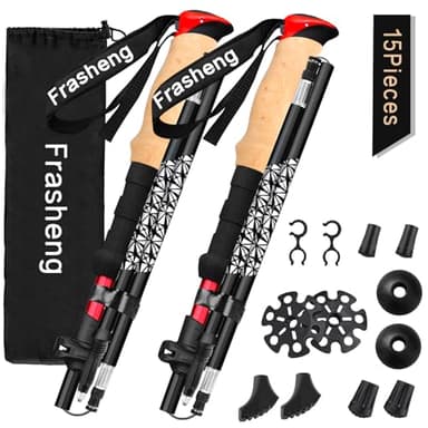 Frasheng Bastoni Trekking 2 Pezzi Pieghevoli, 7075 Alluminio, Nordic Walking Bastoncini, con manico in sughero, Borsa e 4 paia di puntali in gomma, 115-135cm, Nero