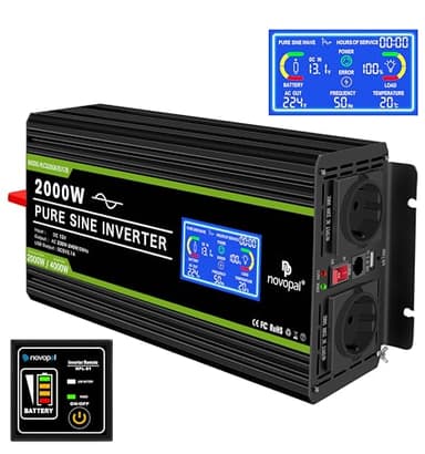 NOVOPAL Inverter 2000W Onda Sinusoidale Pura DC 12V in AC 220V con Display LCD Intelligente,2 EU Presa con Uscita USB,5 Metri di Telecomando,Adatto per Famiglia,Campeggio,Viaggi