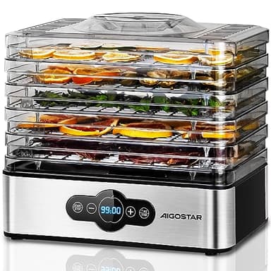 Aigostar Crispy - Essiccatore alimentare, 240W, 5 vassoi, essiccatura automatica, ottimo per frutta, carne, verdura ecc. controlli digitali, impostazione manuale di tempo e temperatura. Senza BPA.