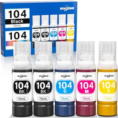 Spaceink Inchiostro 104 Compatibile con Epson EcoTank ET-2870 ET-2862 ET-1810 ET-4800 ET-2825 ET-2830 ET-2820 ET-2720, 104 Inchiostro Multipack (5 Flaconi da 70ml, 2Nero,Ciano, Magenta,Giallo)