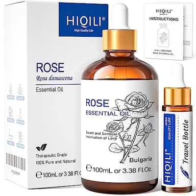 HIQILI Olio Essenziale Rosa 100ML, Oli Essenziali per Diffusori, Olio Essenziale Naturale Puro di Rosa, Per Candele Fai Da Te, Umidificatori, Bagni per il Corpo, Saponi