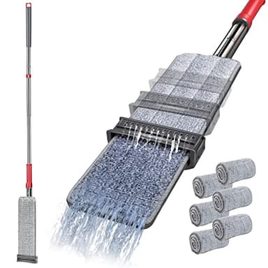 Masthome Mocio Piatto Lavapavimenti, Mop Lavapavimenti con Strizzatore Integrato e 6 Panni Riutilizzabile in Microfibra, Mocio per la Pulizia di Pavimenti in Parquet, Legno, Laminato, Ceramica