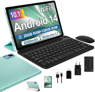 fezawio tablet 10 pollici Android 14 20GB RAM+128 GB ROM, Widevine L1/ Octa-Core/tablets 5G WiFi6 / (1TB TF) tablet con tastiera e mouse + assicurazione di rottura dello schermo di un anno -(verde)