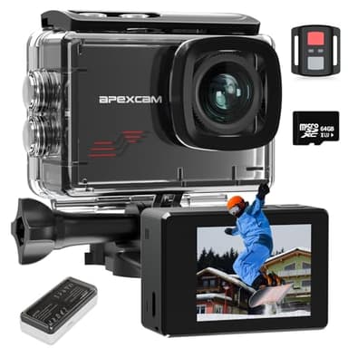 Apexcam M80 Action Cam Con 64GB Scheda 4K 60FPS 48MP WIFI 40M Ultra HD Macchina Fotografica Subacquea Impermeabile Sport Camera 8X Zoom Pre-registrazione Wide Angle Con 2x1350 Batteria Kit Accessori