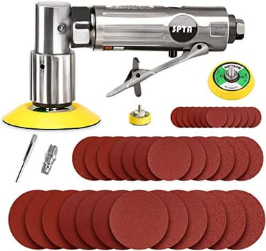 Levigatrice pneumatica rotorbitale Mini Set ad Aria 25mm / 50mm / 80mm, Set di lucidatrici per Auto con 36 Pezzi di Dischi abrasivi a Grana Mista e 3 Pezzi di platorello