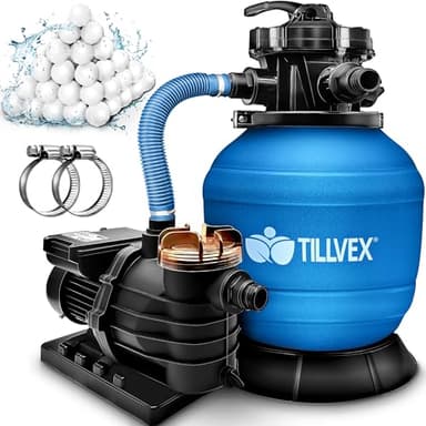 tillvex Pompa Filtro Piscina Portata 10 m³/h con 800g Filtro Balls - 7 funzioni di filtrazione - Filtro per piscina con indicatore di pressione - Impianto di filtrazione a sabbia per piscine e vasche