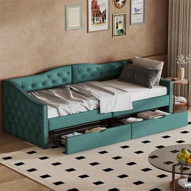 HYUB Letto singolo 90 x 200 cm, con vano portaoggetti, divano letto con 2 cassetti e rete a doghe, letto funzionale con schienale, per soggiorno, camera da letto, senza materasso, verde