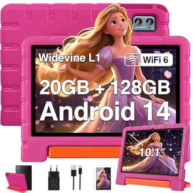 ZIOVO Tablet 10 Pollici Android 14 Tablet Bambini, 20GB RAM+128GB ROM(TF 1TB),WiFi 6 Tablet, Widevine L1/Octa-Core/BT 5.0/8+5 MP/6000mAh/Tablet per Bambini,Tablet con EVA Caso - Rosa