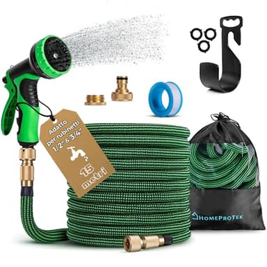 HOMEPROTEK Tubo Acqua Giardino 15 Metri Tubo Estensibile Da Giardino - Canna Acqua Giardino Con Pistola Acqua Giardino a 9 Modalità di Spruzzo - Tubo Irrigazione con Raccordi in Ottone da 1/2" e 3/4