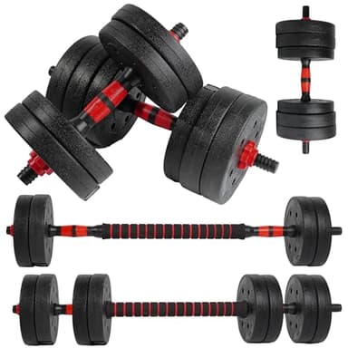 unycos - Manubri Regolabili con Dischi 15 kg【E-Book con 50 Esercizi】Coppia di Pesi con Barra di Collegamento Antiscivolo per Allenamento, Palestra in Casa, Fitness (Red Transformer)
