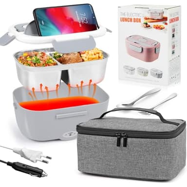 GuKKK Scaldavivande Elettrico Portatile, 80W 1.5L Elettrico Lunchbox, Scaldavivande Portatile con Borse Lsolate, 220V/12V/24V Scalda Vivande Portatile Elettrico per Auto Camion Ufficio e Lavoro