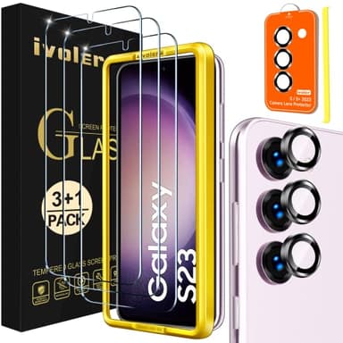 iVoler 3+1 Pezzi Vetro Temperato per Samsung Galaxy S23 5G, 3 Pezzi Pellicola Protettiva Anti Graffio con 3 Pezzi Pellicola Fotocamera e Cornice di Installazione, HD Chiaro, Senza Bolle