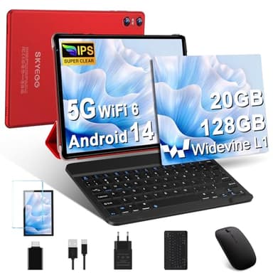 Tablet 10 Pollici Android 14 con Widevine L1, 20 GB RAM + 128 GB ROM(Espandibile Fino a 1 TB), Octa-Core, 5G Wi-Fi 6, 8MP + 5MP, 6000mAh, GPS, USB-C Tablet con Tastiera + Mouse + Custodia, Rosso