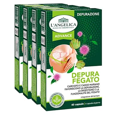 4x L'Angelica Depura Fegato Integratore Alimentare per la Depurazione e la Digestione Senza Glutine - 160 Capsule