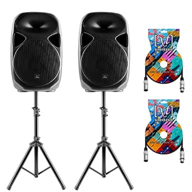 Sinextesis Impianto Audio Acustico con Coppia Altoparlanti Casse Attive Amplificate 800W con Woofer da 12" con Coppia di Stativi Aste e 2 Cavi XLR da 5 mt.