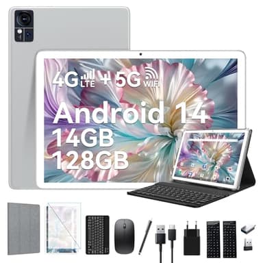 Android 14 Tablet 10 Pollici 14 GB + 128 GB (1 TB TF) | 13 MP + 8 MP | 8000 mAh | Octa-Core | Bluetooth 5.0 | 5G+2.4G Wi-Fi, 4G LTE Con Slot SIM, In Offerta Con Tastiera e Penna - Argento