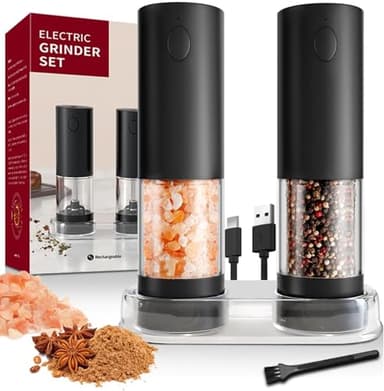 Vexloria Macina Sale e Pepe Elettrico Ricaricabile USB con Base, Luce Led, Macina Pepe con Granulometria Regolabile, Macina Spezie Automatica per Cucina, Ristorante e Barbecue Macinapepe A