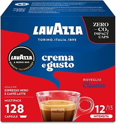 Lavazza A Modo Mio Crema e Gusto Classico, 128 Capsule Caffè, per un Espresso con Note di Cioccolato e Frutta Secca, Arabica e Robusta, Intensità 12/13, Tostatura Media, 8 Confezioni da 16 Capsule