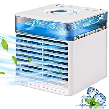 Mini Air Cooler, JIMACRO Condizionatore D'Aria Portatile, 4 in 1 Ventilatore USB Dello Scrittorio Umidificatore e Purificatore con 7 Led Colori e Serbatoio D'Acqua per Casa e Ufficio