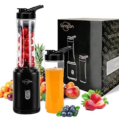 Sangcon Mixer Smoothie Maker, frullatore sportivo elettrico portatile per frullati e frullati con 2 bottiglie in Tritan To Go da 600 ml senza BPA 2 tappi per bere coltello a 4 lame, pulsante a impulsi