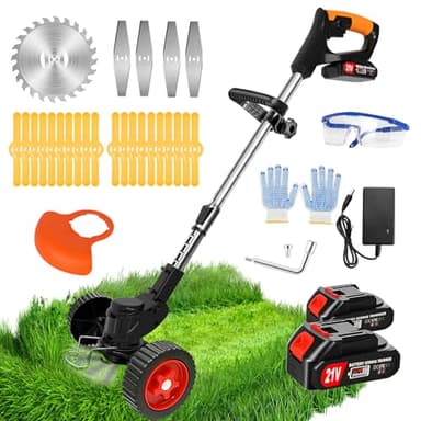 Decespugliatore a Batteria, 21V Tagliabordi a Batteria con 2 2.0Ah Batterie e 4 Tipi di Lame, Tagliaerba Elettrico Batteria Decespugliatori da Giardino con Rotelle Altezza Regolabile per Prati, Arbust