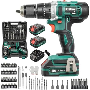 Trapani a percussione, STANEW 20V Li Trapano a Batteria,trapano a percussione 20 + 3 impostazioni,2 Batterie-1.5Ah e Valigetta,45 Nm,69 accessori+guanti professionali +valigia