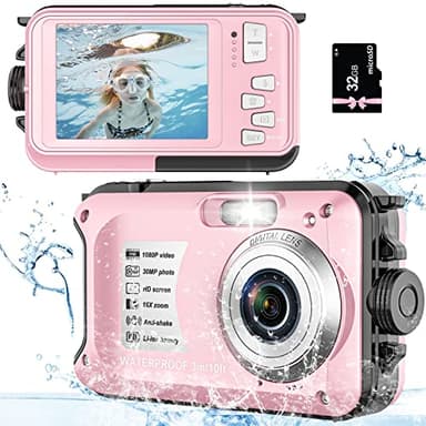 Fotocamera subacquea 10FT 1080P Full HD 30MP Macchina Fotografica Subacquea Zoom Digitale 16X Fotocamera Subacquea per lo snorkeling (rose)