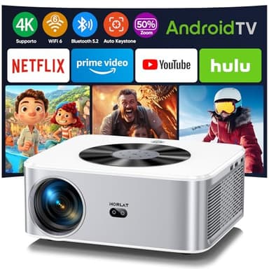 Proiettore portatile【Auto Keystone & Netflix】Horlat 4K Supporto 6G WiFi Bluetooth Porjector, 28000 Lumen Full HD 1080P Videoproiettore, Zoom 50%, Proiettore Built-in YouTube/Prime Video +7000 APPS
