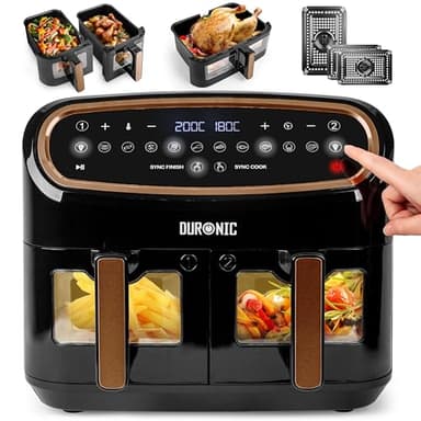 Duronic AF34 BG Friggitrice ad Aria extra grande, Air Fryer 2400W, 2 cestelli da 5L e 1 Cestello da 10L, Friggitrice senza olio 10in1, Friggitrice ad aria calda con finestra di controllo, Friggitrice