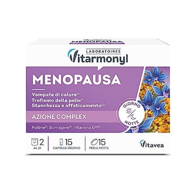 Menopausa - Integratore Alimentare con Polline, Borragine, Vitamina B9 - Contro le Vampate di Calore, il Trofismo della Pelle - Favorisce il Sonno - 15 Capsule Giorno e 15 Perle Notte - Vitarmonyl