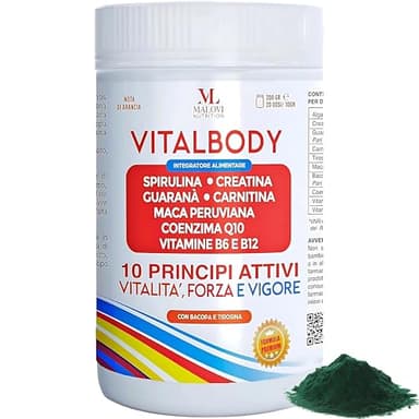 MALOVI Vitalbody 200 Gr Integratori Energia Stanchezza Fisica E Mentale, Integratore Memoria E Concentrazione,Con Spirulina Creatina Carnitina Guarana Maca Bacopa Monnieri Coenzima Q10 Vitamina B6 B12