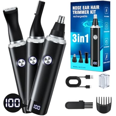 Tagliapeli Naso e Orecchie, 3-in-1 Rifinitore Naso con Ricarica USB e Display della Batteria, Perfetto per Naso, Orecchie, Barba e Sopracciglia