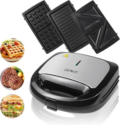 OZAVO Tostiera Piastra 3 in 1 Elettrica Multifunzione per Toast, Piastra Waffle e Grill Sandwich Maker e Waffle Maker, Potenza 750W