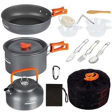 OVERMONT 14 PCS Campeggio Pentole Utensili Set da Cucina Outdoor Bollitore Padella Pentola Portabile per Picnic Campeggio Trekking Escursione 1-3 Persone