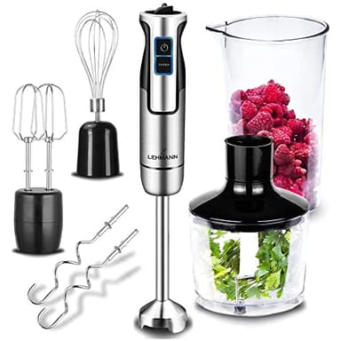 Lehmann Chowmei - Mixer manuale multifunzione con un set di accessori intercambiabili, 1300 W, contenitore dosatore da 600 ml, ciotola da 860 ml, funzione turbo, colore: argento/nero
