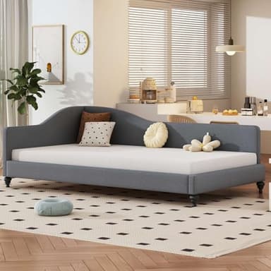KOMHTOM Divano letto in lino con schienale ad arco, letto singolo telaio letto 90 x 200 cm con rete a doghe e gambe (grigio, materasso non incluso)