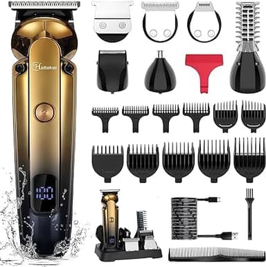 Hatteker Tagliabarba Kit Professionale Tagliacapelli con Zero Gapped T-Blade Trimmer Rasoio Elettrico per Naso Orecchio Barba Corpo Trimmer per Uomini Impermeabile Cordless Grooming Kit 6 in 1