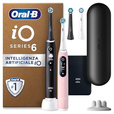 Oral-B Spazzolino Elettrico Ricaricabile iO 6 Nero e Rosa, 3 Testine di Ricambio, Confezione Doppia, 2 Spazzolini
