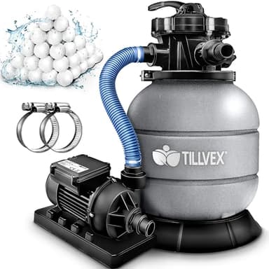 tillvex Pompa Filtro Piscina Portata 7.900L/h + 400g Filtro Balls | 7 funzioni di filtrazione | Adattatore 2in1 Ø32-38mm con indicatore di pressione | Filtro a sabbia per piscine (Grigio)