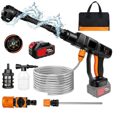 Idropulitrice a batteria,45bar 652PSI Idropulitrice Elettrica portatile, con Ugelli 6 in 1, 5m Tubo, 3000mAh Batterie e Caricabatteria per Lavaggio, Auto, Giardino, Terrazza, Prato e Annaffiare Fiori