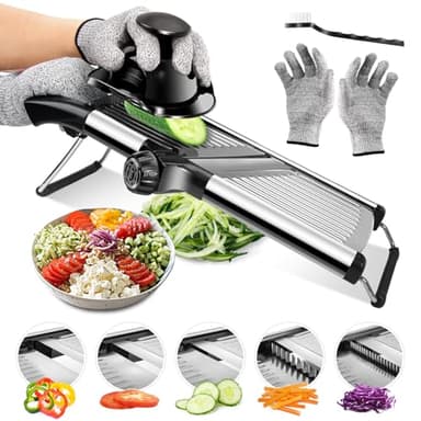 Masthome Mandolina per Verdure Professionale, Mandolina in Acciaio Inox con Guanti di Sicurezza, Spazzola e Lame Regolabile, Mandolina Affetta Verdure Tagliaverdure Manuale per Frutta e Verdura