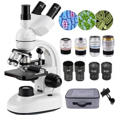 GplHAIN Microscopio Ottico Professionale 2000X / 5000X, Microscopio Trinoculare per Studenti delle Scuole Primarie E Secondarie, Obiettivi 4X, 10X, 40X, 6X/100X, con Porta Cellulare + Borsa,5000X