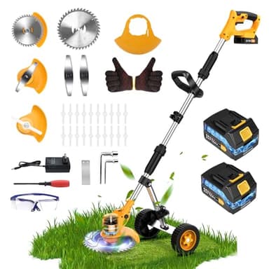Decespugliatore a batteria 21V Tagliabordi a Batteria con 2Batterie 4 Tipi di Lame Tagliabordi Elettrico con 90°Testata Regolabile Maniglia Telescopica Decespugliatore Elettrico con Ruote per Giardino
